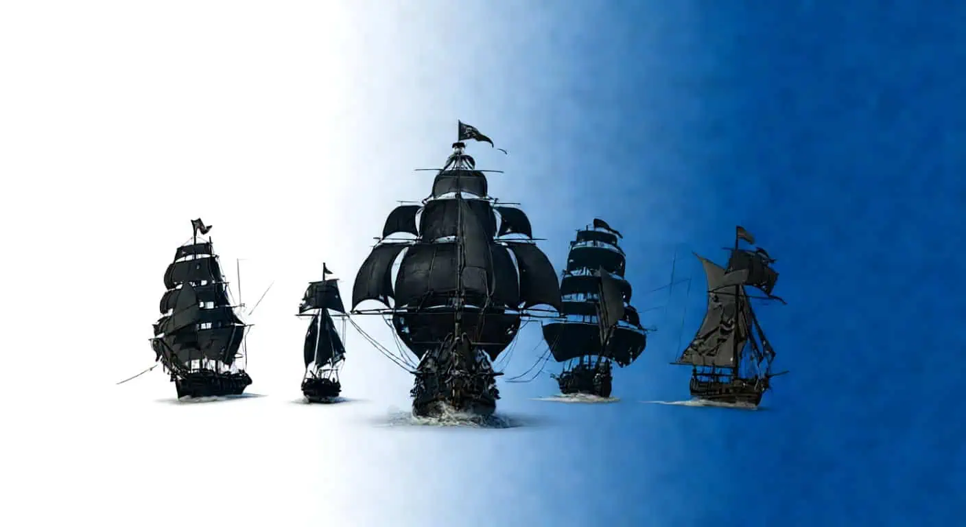 Ship sailing at sunset