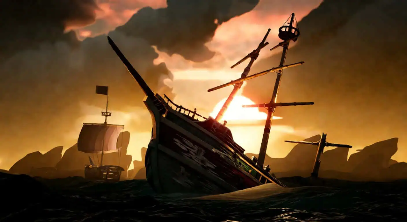 Sloop sinking beside galleon